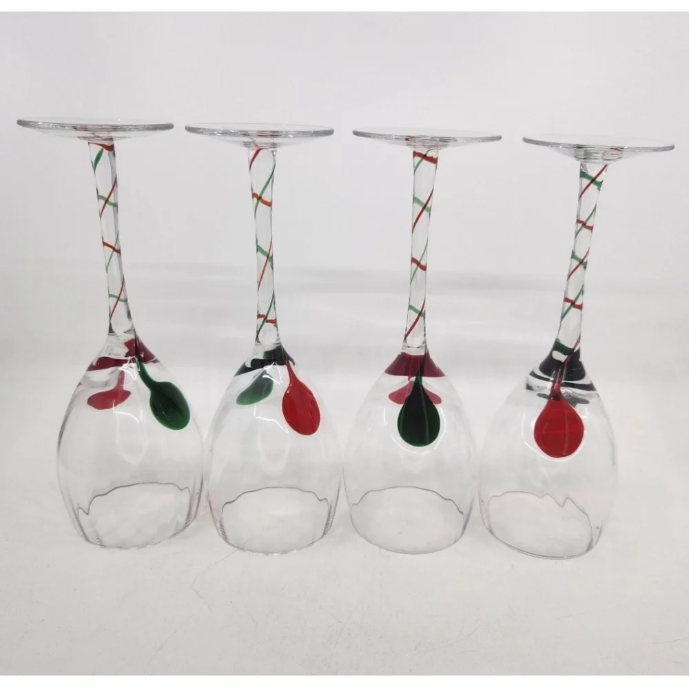 Pier 1 Imports Christmas Wine Glasses Red Green Drop Swirl Stem Optic Ribbon  4